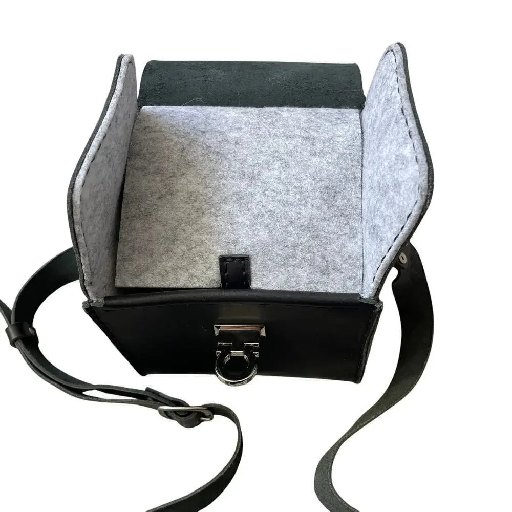 Handcrafted Black Leather Camera Bag | 5.5” Square, Adjustable Strap, Clasp